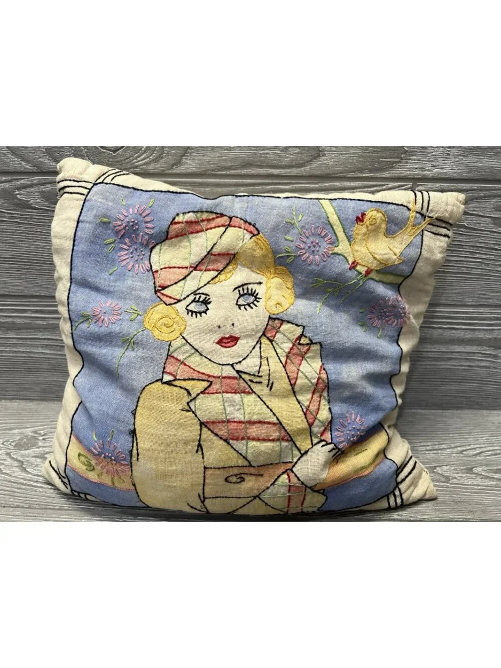 Vintage Throw Pillow 1940s Woman Embroidered Retro Soft 11” X 12”